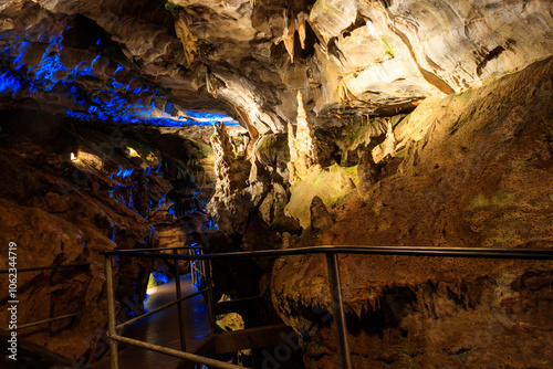 St. Beatus Caves with stalactites and stalagmites below Beatenberg near Interlaken in Bern canton in Switzerland photo