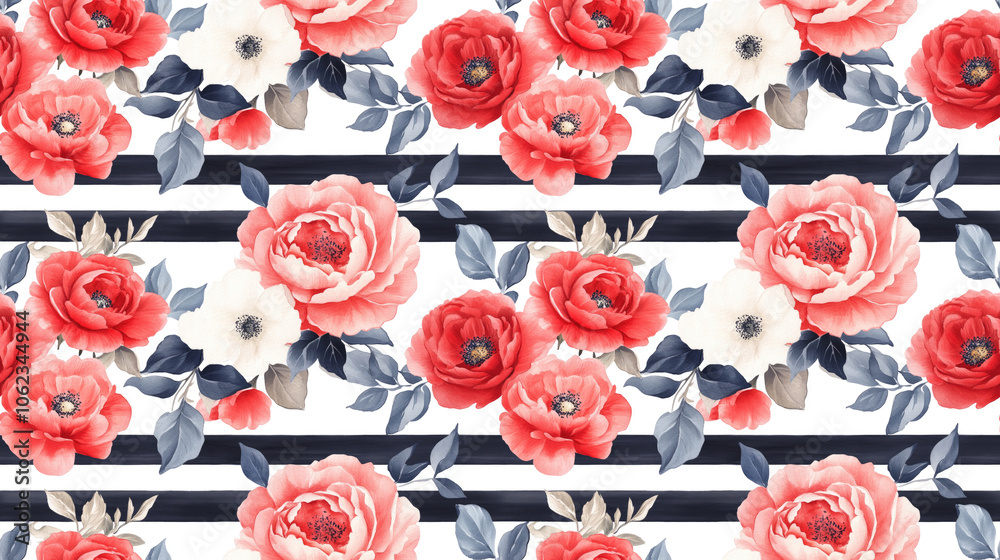 Naklejka premium Seamless pattern featuring watercolor roses and peonies intertwined with stripes ideal for fabric design and home decor