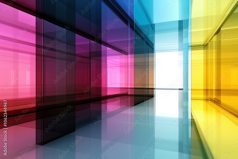 Modern art with layered CMYK glass sheets in color blend Modern art with layered CMYK glass sheets in color blend