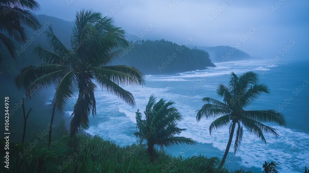 coastal storm with heavy rain, wind and swaying palm trees coastal storm with heavy rain, wind and swaying palm trees