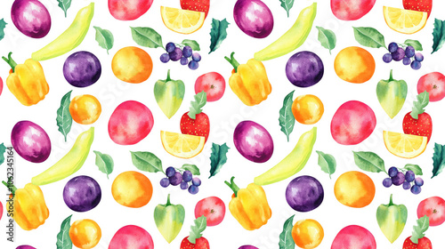 Seamless watercolor pattern featuring vibrant vegan lifestyle illustrations perfect for textiles and eco friendly product designs