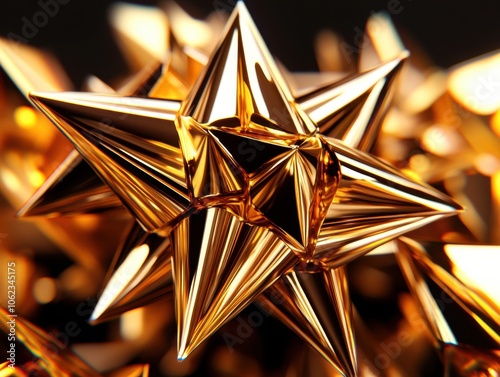 A stunning close-up of a gold star-shaped ornament featuring intricate details and reflective surfaces in a rich, cinematic setting. photo