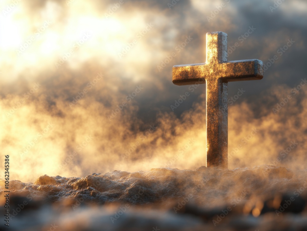 A cross stands prominently amidst a dramatic, misty landscape, symbolizing themes of death and resurrection. The scene is suffused with golden light. A cross stands prominently amidst a dramatic, misty landscape, symbolizing themes of death and resurrection. The scene is suffused with golden light.