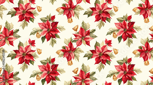 Seamless watercolor pattern featuring festive poinsettias and decorative bells ideal for holiday wrapping or home decor