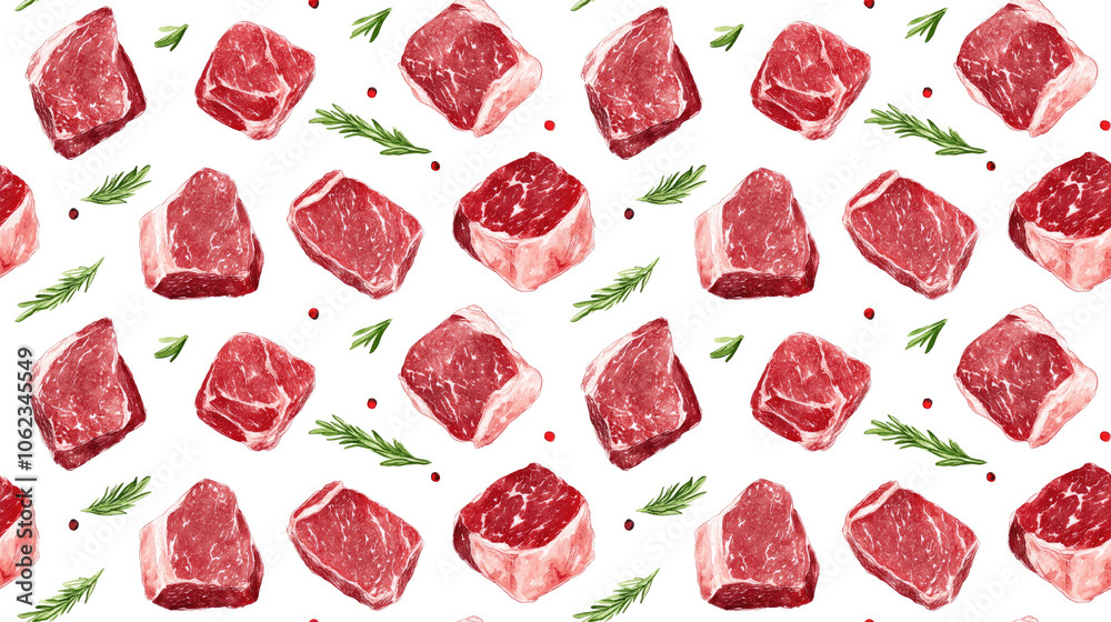 Seamless watercolor pattern of fresh marbled beef on a white background ideal for bar and restaurant decor Seamless watercolor pattern of fresh marbled beef on a white background ideal for bar and restaurant decor