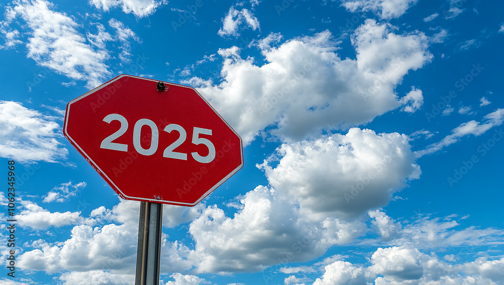Red road sign with the number 2025 written on it, blue sky background with white clouds. New Year concept Red road sign with the number 2025 written on it, blue sky background with white clouds. New Year concept