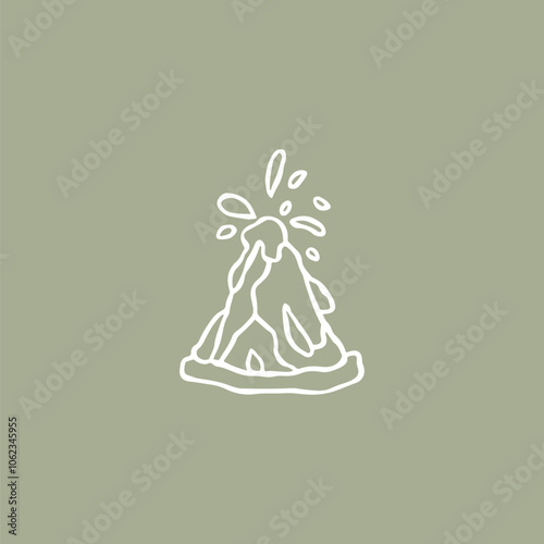 Volcano eruption in hand drawn sketch style. Childish simple vector illustration. Black marker isolated on white background. White outline on green olive background.