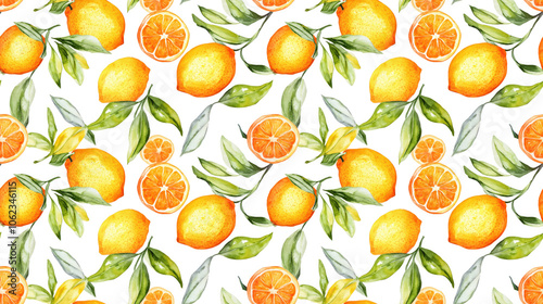 Watercolor seamless pattern featuring tangerines and lemons on a white background ideal for print and home decor