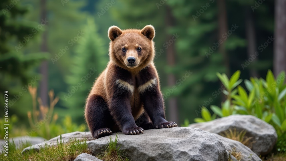 Obraz premium A lifelike image of a grizzly cub perched on a rock in a lush forest, showcasing its detailed fur texture and natural lighting