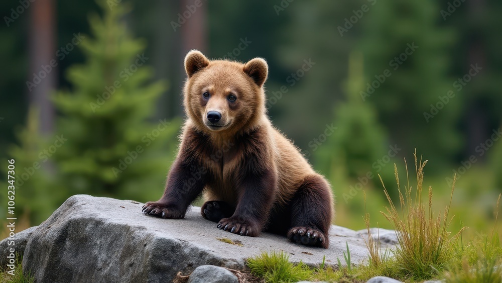 Obraz premium A lifelike image of a solitary grizzly bear cub perched on a stone, showcasing its fluffy fur and the rich textures of its forest habitat
