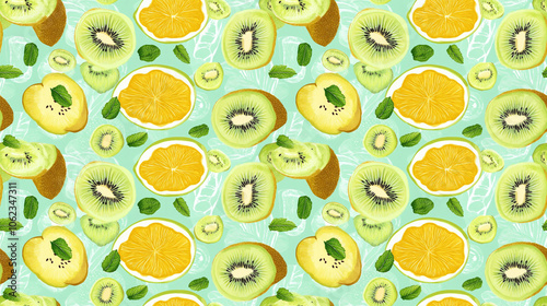 Seamless pattern featuring tropical kiwano and kiwi slices with fresh mint accents perfect for fashion or home decor fabrics