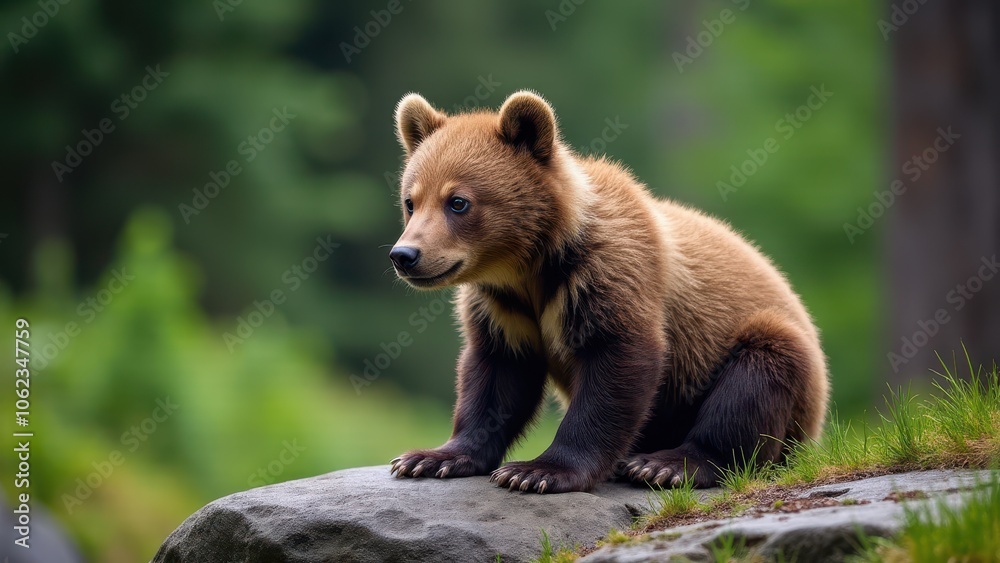 Obraz premium A detailed photograph of a grizzly cub sitting on a rocky outcrop, basking in warm sunlight amidst a lush, green forest backdrop