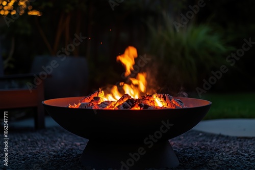 Fiery embers and ashes above darkened fire pit background