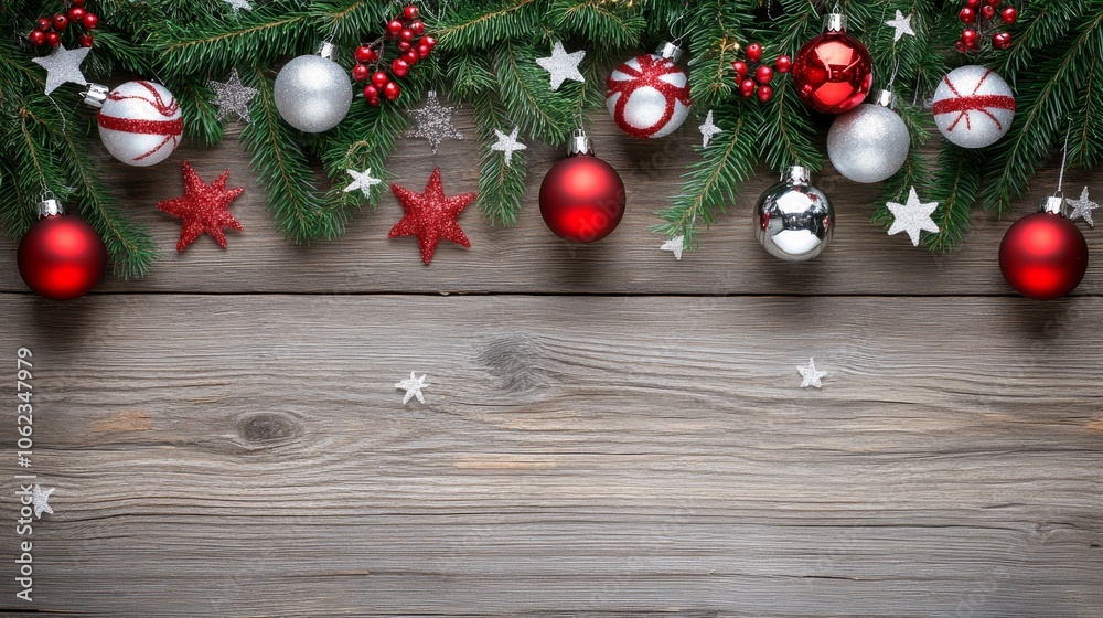 Christmas background with decorations along the edges. Christmas tree branches, gold glitter balls, stars, and garland. Flat lay, top view on a dark background with copy space. Christmas background with decorations along the edges. Christmas tree branches, gold glitter balls, stars, and garland. Flat lay, top view on a dark background with copy space.