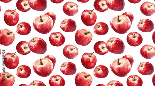 Seamless pattern of ripe red apples illustrated in watercolor on a pure white background showcasing botanical artistry