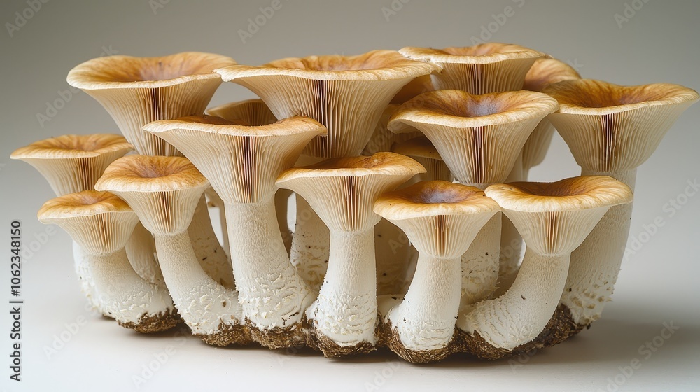 Cluster of fresh gourmet mushrooms with creamy caps and delicate gills