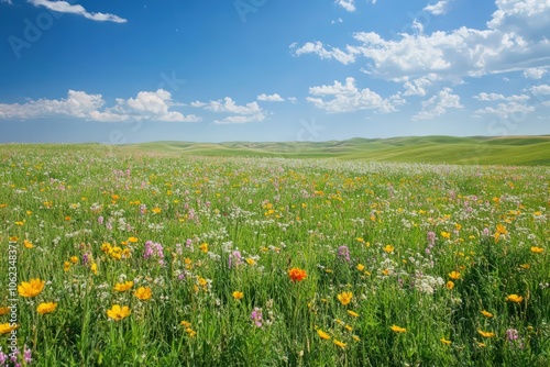 Expansive prairie with wildflowers in full bloom under a bright blue sky and rolling hills in the distance