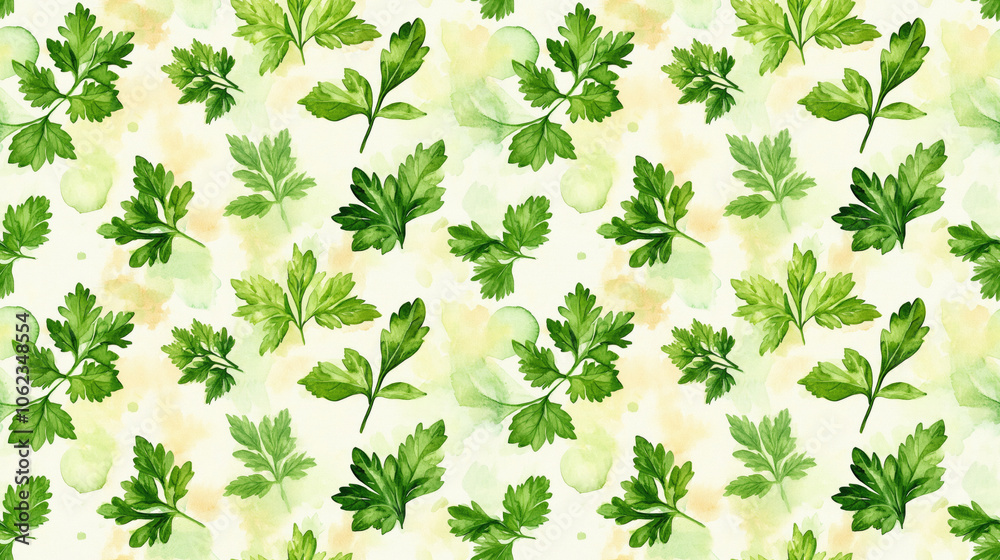 Watercolor seamless pattern featuring hand drawn parsley and mint leaves ideal for logo design and decorative cards plants herbs greenery