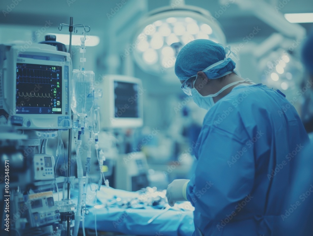 Modern operating room with a surgeon in blue scrubs performing surgery, surrounded by advanced medical equipment and monitors. Modern operating room with a surgeon in blue scrubs performing surgery, surrounded by advanced medical equipment and monitors.