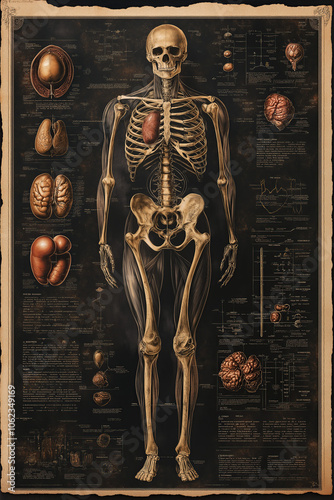 skeleton on old medical poster depicting the anatomy of an adult human, vintage, heart, stomach, brain, illustrated