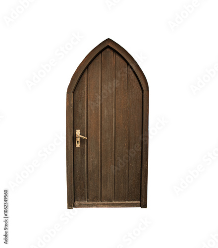 Ancient Gothic door Isolated, Brown Antique Style Doors Full Frame