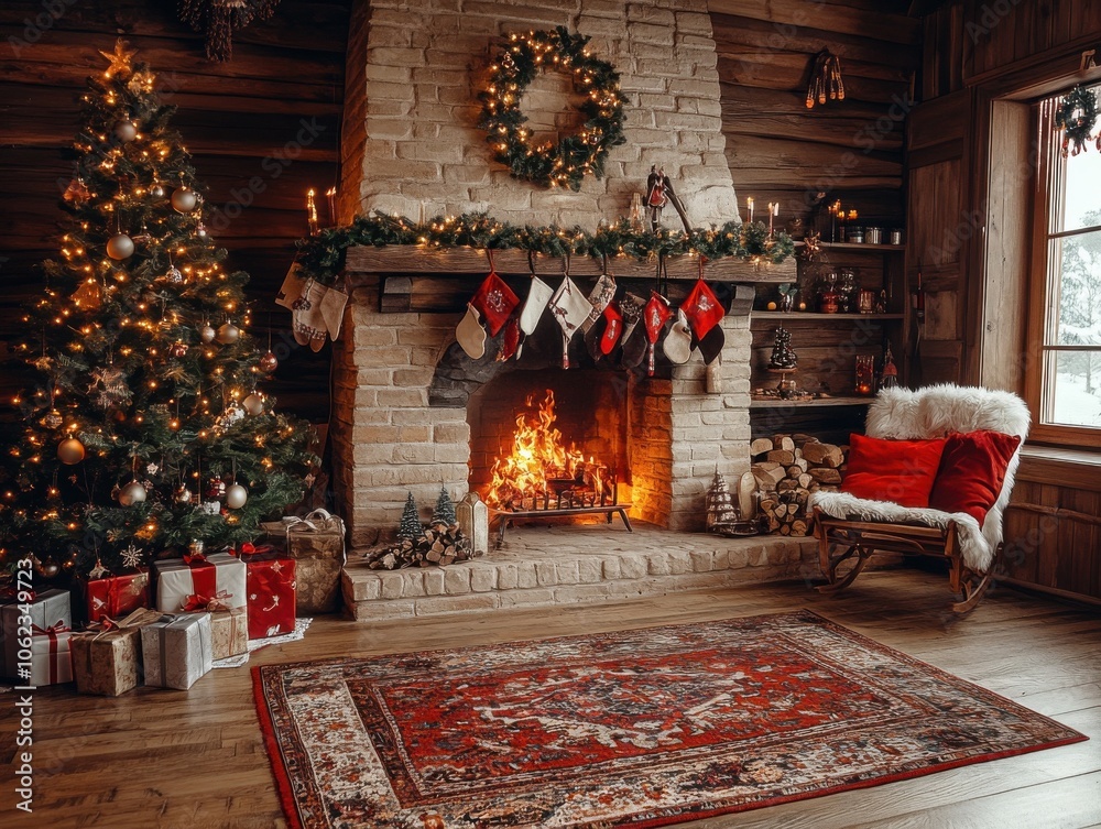 Cozy Christmas living room with a glowing fireplace, decorated tree, wreath, and gifts. Wooden interior creates a warm, festive atmosphere. Cozy Christmas living room with a glowing fireplace, decorated tree, wreath, and gifts. Wooden interior creates a warm, festive atmosphere.