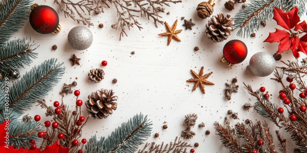 Christmas background with decorations along the edges. Christmas tree branches, gold glitter balls, stars, and garland. Flat lay, top view on a dark background with copy space. Christmas background with decorations along the edges. Christmas tree branches, gold glitter balls, stars, and garland. Flat lay, top view on a dark background with copy space.