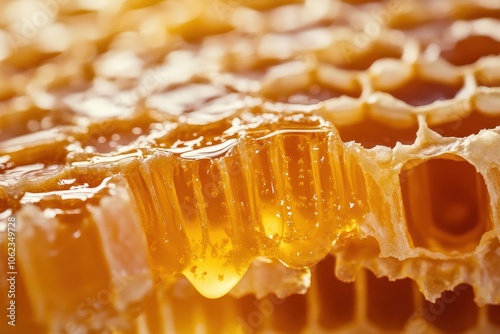 Close-up of honeycomb with golden honey oozing from cells photo