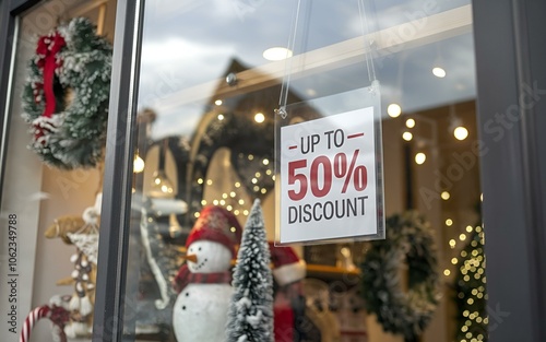 Holiday discount sign showing up to fifty percent off in festive retail window display photo