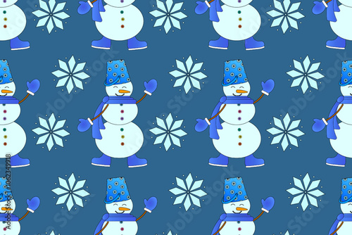 Seamless festive pattern featuring a cheerful snowman and snowflakes on a blue background, perfect for Christmas and winter designs.