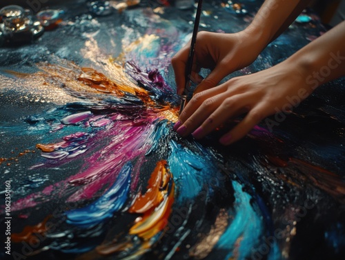 A close-up of an artist's hands painting a vibrant, abstract explosion of colors on canvas. The artwork features dynamic brush strokes and a vivid palette. photo