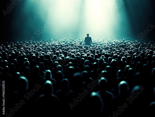 A solitary figure stands in a spotlight amidst a large, dimly lit crowd, conveying themes of individuality and isolation. photo