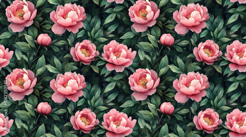 Watercolor pink peonies and lush green leaves in a seamless pattern perfect for fabric wallpaper and wrapping designs