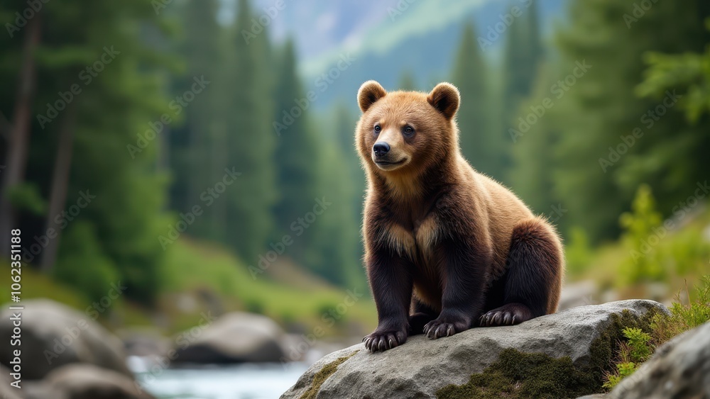 Obraz premium A detailed photograph of a grizzly cub on a stone, showcasing its fluffy fur and the rich textures of its forest environment