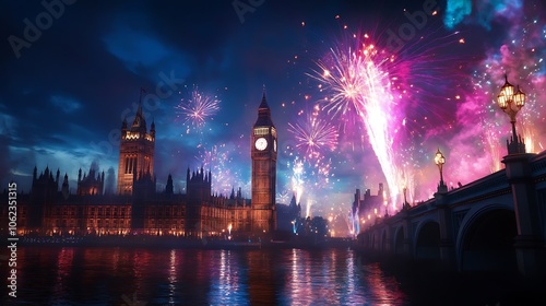 New Year joyful fireworks displays over iconic landmarks