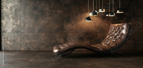 A dark brown stone floor with matte finish, featuring a luxurious leather chaise and modern pendant lights. photo