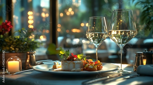Elegant table setting for fine dining with gourmet dish and wine display picture