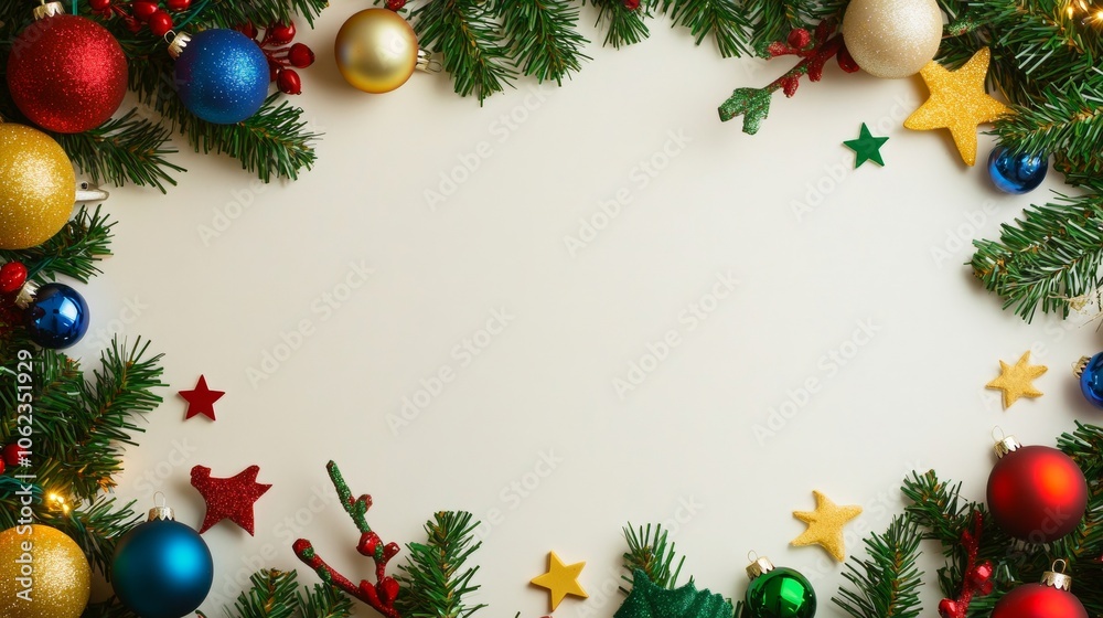 Christmas background with decorations along the edges. Christmas tree branches, gold glitter balls, stars, and garland. Flat lay, top view on a dark background with copy space.