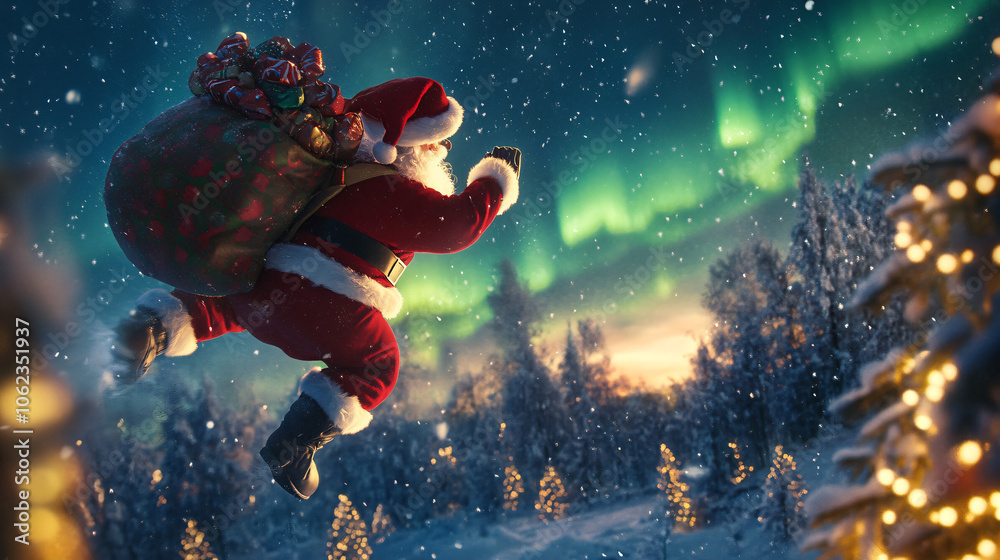 Santa Claus Hovering in Mid-Air with His Sack of Gifts, Flying Over a Snowy Forest Under the Northern Lights Santa Claus Hovering in Mid-Air with His Sack of Gifts, Flying Over a Snowy Forest Under the Northern Lights