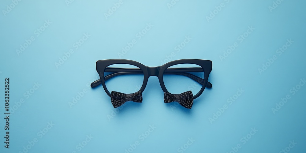 Fototapeta premium Black glasses, moustache, and bowtie on light blue background stock image