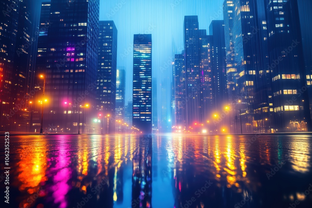 Dusk city skyline with neon reflections and illuminated skyscrapers Dusk city skyline with neon reflections and illuminated skyscrapers
