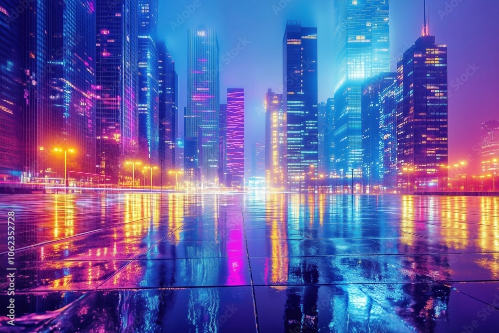 Fototapeta premium Skyscrapers at dusk reflecting bold neon lights in the city