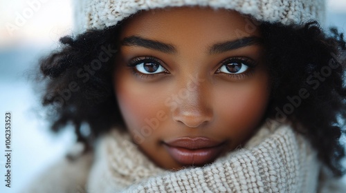 Close-up portrait of a young woman with dark skin wearing a white knitted hat and scarf looking directly at the camera.