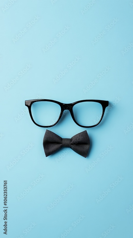 Black glasses, moustache, and bowtie on light blue background stock image Black glasses, moustache, and bowtie on light blue background stock image