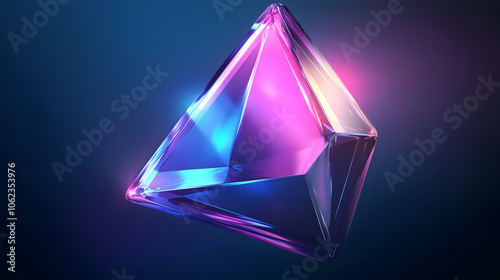 Fototapeta Naklejka Na Ścianę i Meble -  A luminous 3D crystal prism in vibrant shades of purple, pink, and blue, with glowing reflections against a dark background.
