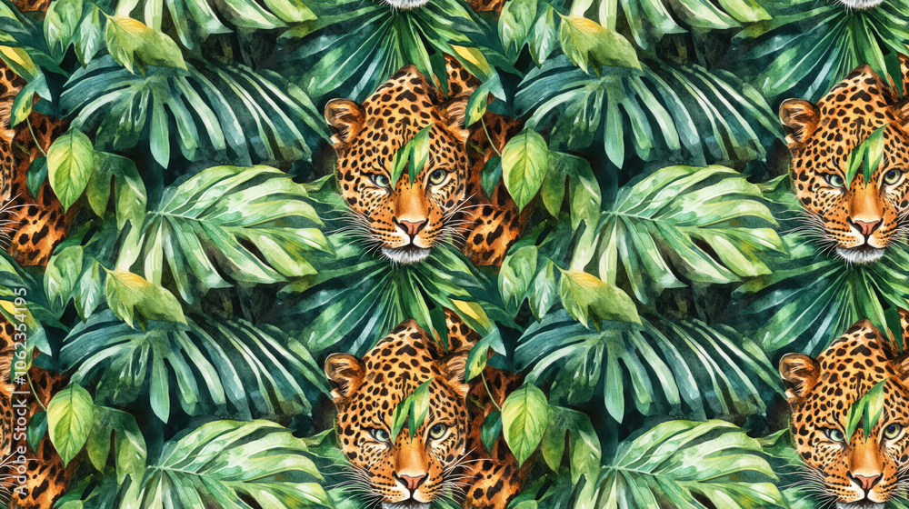 Watercolor seamless pattern featuring a leopard amidst lush rainforest palms and leaves ideal for tropical fashion prints exotic design Watercolor seamless pattern featuring a leopard amidst lush rainforest palms and leaves ideal for tropical fashion prints exotic design