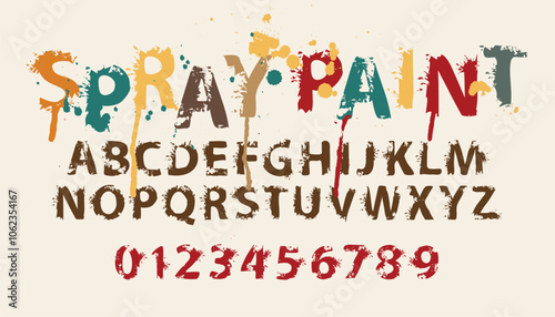 spray paint grunge lettering in abstract letters with spots and drips. Vector set of alphabet letters and numbers written in color paint on a light background. Spattered font