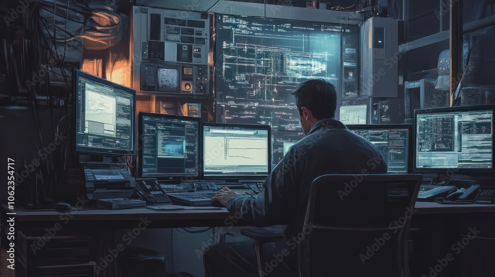 Informatiker sitzt vor Bildschirmen am Arbeitsplatz Informatiker sitzt vor Bildschirmen am Arbeitsplatz