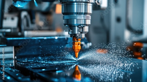 A close-up of a CNC machine cutting a piece of metal with a spray of water cooling the cutting tool. photo