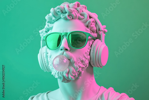 Modernized greek statue with headphones, green sunglasses, and bubblegum on a vibrant background. 